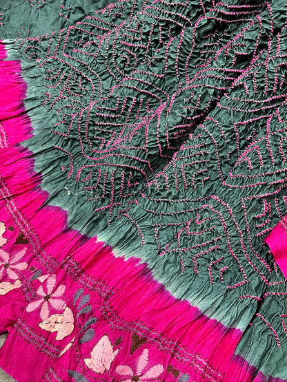GREY GAJJI SILK PURE HANDLOOM KANTHA EMBROIDERY BANDHEJ SAREE