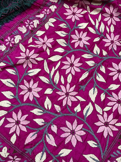GREY GAJJI SILK PURE HANDLOOM KANTHA EMBROIDERY BANDHEJ SAREE