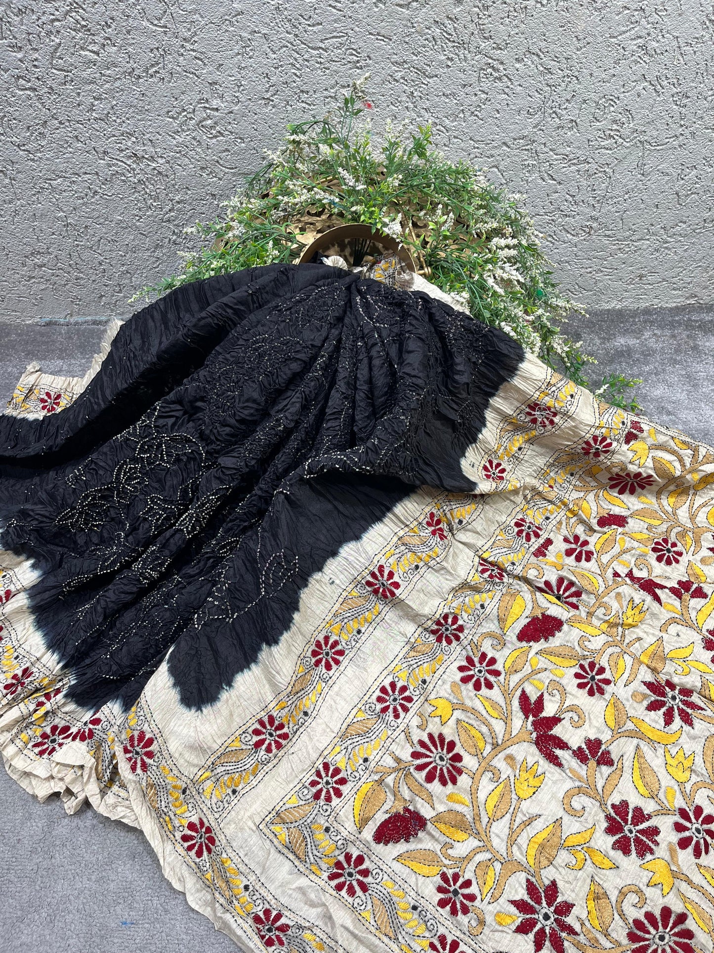 BLACK MOONGA TASSAR PURE HANDLOOM BANDHEJ SAREE