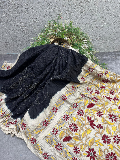 BLACK MOONGA TASSAR PURE HANDLOOM BANDHEJ SAREE