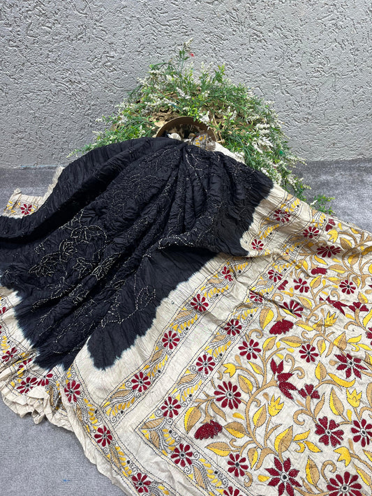 BLACK MOONGA TASSAR PURE HANDLOOM BANDHEJ SAREE