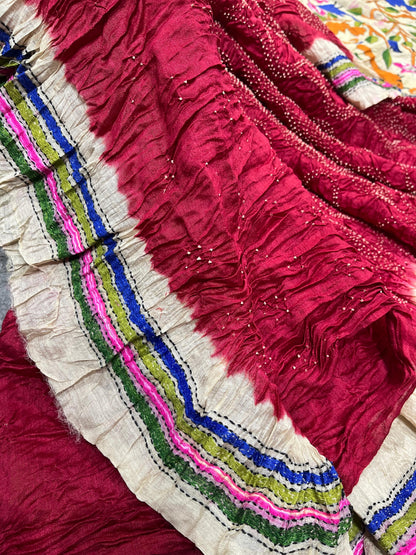 RED MOONGA TASSAR PURE HANDLOOM BANDHEJ SAREE