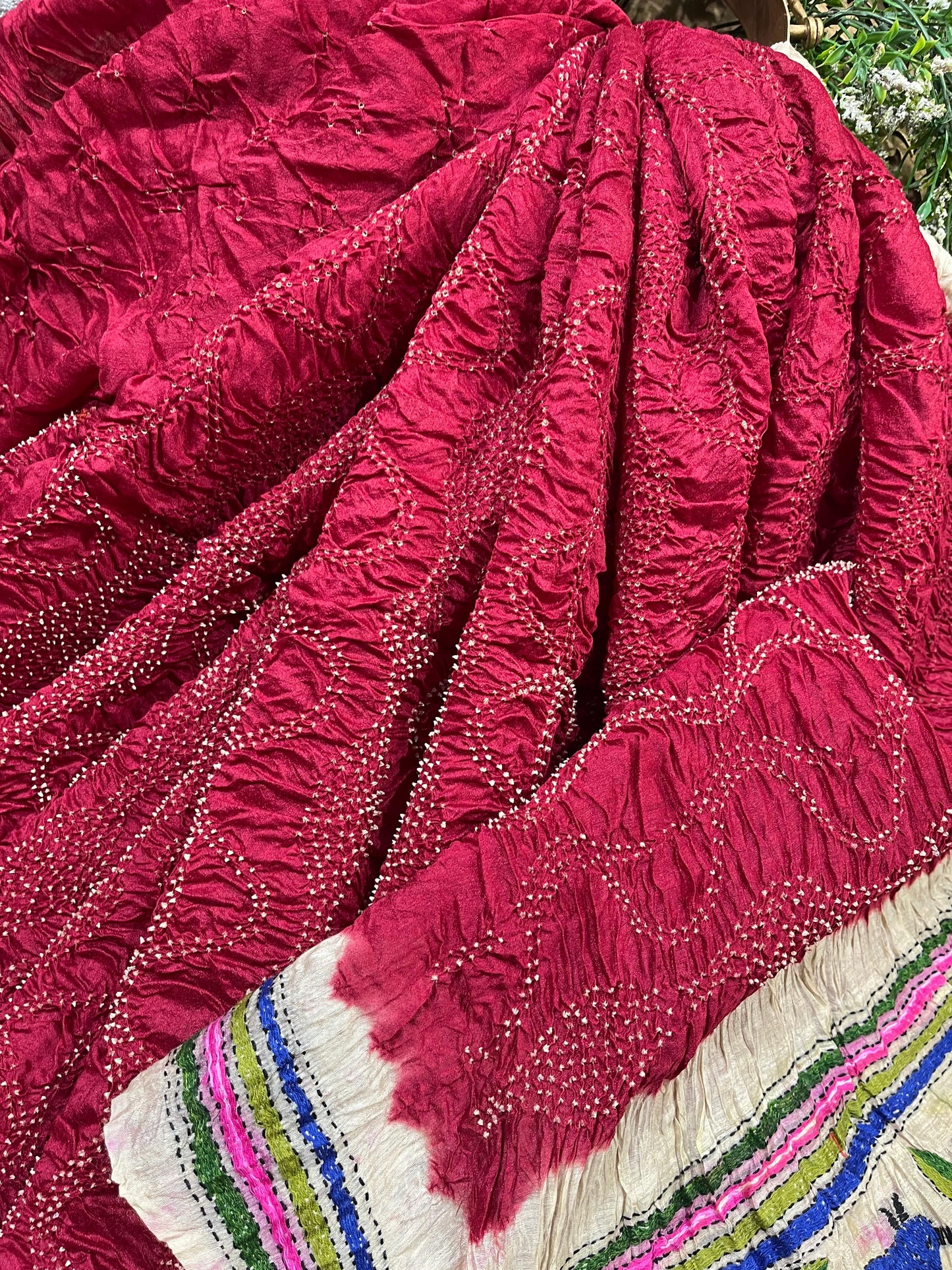 RED MOONGA TASSAR PURE HANDLOOM BANDHEJ SAREE