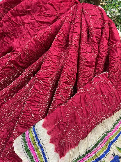 RED MOONGA TASSAR PURE HANDLOOM BANDHEJ SAREE