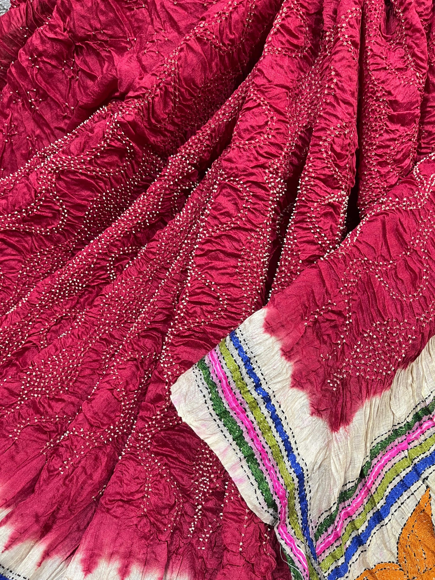 RED MOONGA TASSAR PURE HANDLOOM BANDHEJ SAREE
