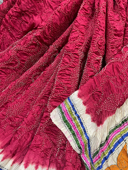 RED MOONGA TASSAR PURE HANDLOOM BANDHEJ SAREE