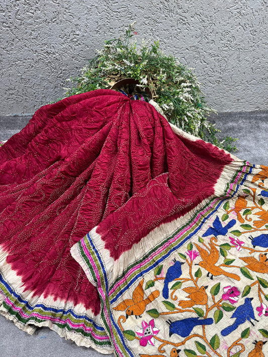 RED MOONGA TASSAR PURE HANDLOOM BANDHEJ SAREE
