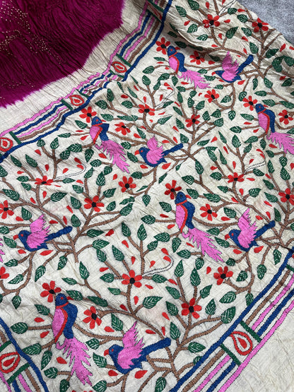 PINK MOONGA TASSAR PURE HANDLOOM BANDHEJ SAREE