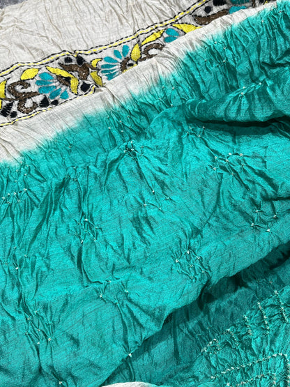 AQUA BLUE MOONGA TASSAR PURE HANDLOOM BHANDEJ SAREE