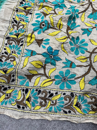 AQUA BLUE MOONGA TASSAR PURE HANDLOOM BHANDEJ SAREE