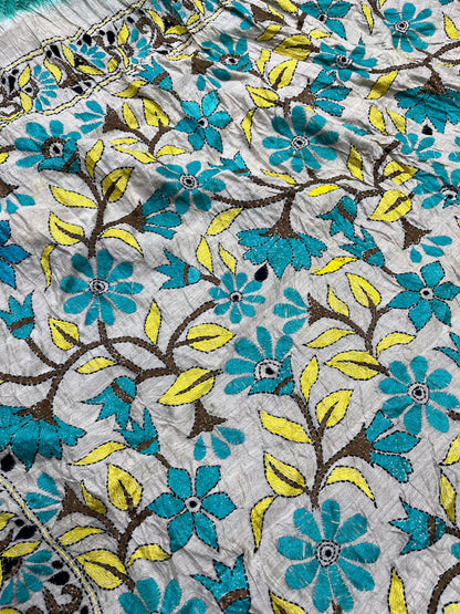 AQUA BLUE MOONGA TASSAR PURE HANDLOOM BHANDEJ SAREE