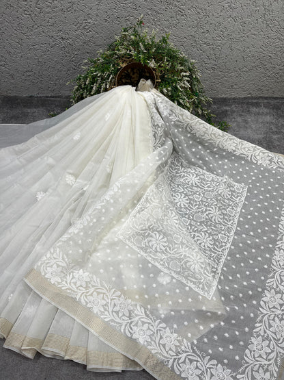 WHITE DYEABLE PURE HANDLOOM  LUCKNOWI EMBROIDERY SAREE