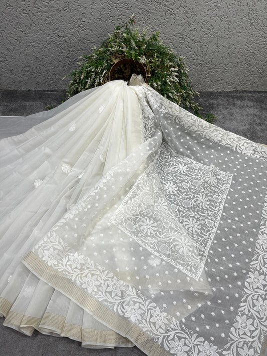 WHITE DYEABLE PURE HANDLOOM  LUCKNOWI EMBROIDERY SAREE