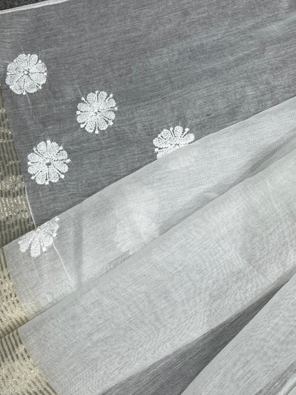 WHITE DYEABLE PURE HANDLOOM  LUCKNOWI EMBROIDERY SAREE