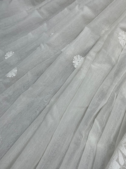WHITE DYEABLE PURE HANDLOOM  LUCKNOWI EMBROIDERY SAREE