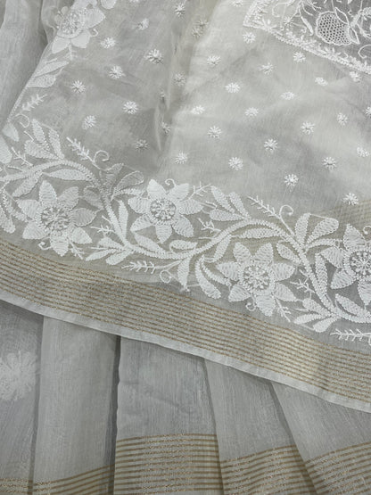 WHITE DYEABLE PURE HANDLOOM  LUCKNOWI EMBROIDERY SAREE