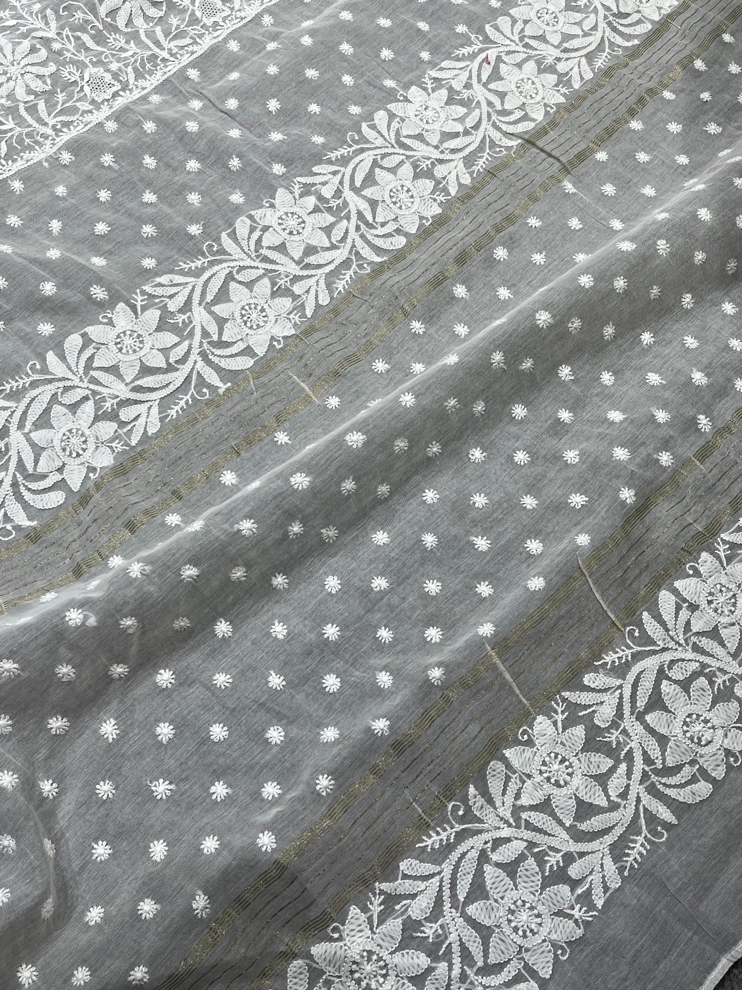 WHITE DYEABLE PURE HANDLOOM  LUCKNOWI EMBROIDERY SAREE