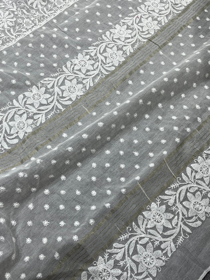 WHITE DYEABLE PURE HANDLOOM  LUCKNOWI EMBROIDERY SAREE