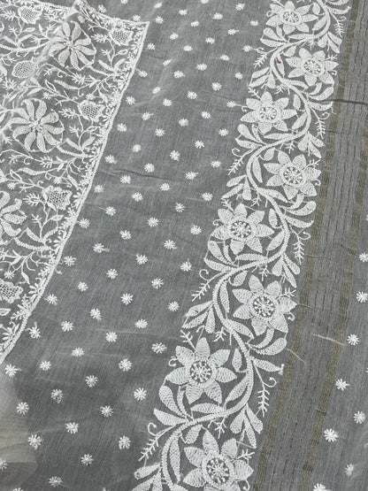 WHITE DYEABLE PURE HANDLOOM  LUCKNOWI EMBROIDERY SAREE