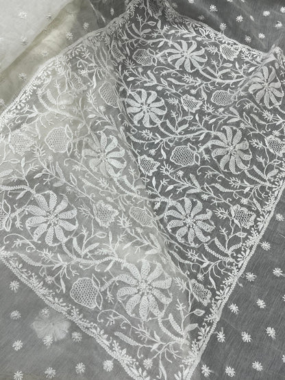 WHITE DYEABLE PURE HANDLOOM  LUCKNOWI EMBROIDERY SAREE