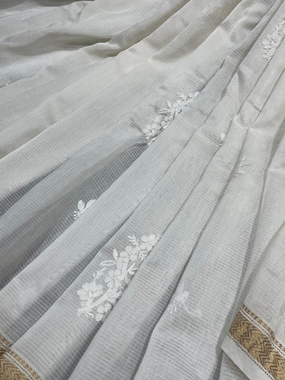 WHITE DYEABLE PURE HANDLOOM  LUCKNOWI EMBROIDERY SAREE