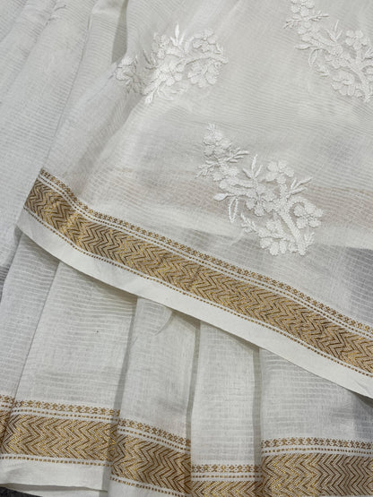 WHITE DYEABLE PURE HANDLOOM  LUCKNOWI EMBROIDERY SAREE