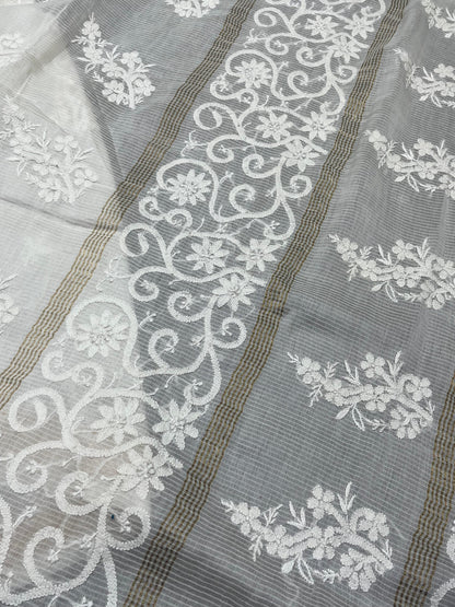 WHITE DYEABLE PURE HANDLOOM  LUCKNOWI EMBROIDERY SAREE