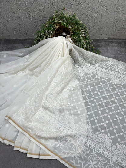WHITE DYEABLE PURE HANDLOOM  LUCKNOWI EMBROIDERY SAREE