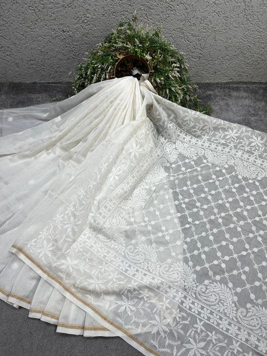 WHITE DYEABLE PURE HANDLOOM  LUCKNOWI EMBROIDERY SAREE