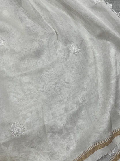 WHITE DYEABLE PURE HANDLOOM  LUCKNOWI EMBROIDERY SAREE