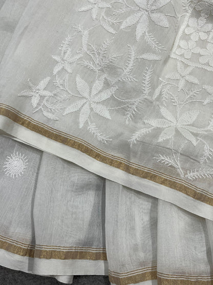 WHITE DYEABLE PURE HANDLOOM  LUCKNOWI EMBROIDERY SAREE