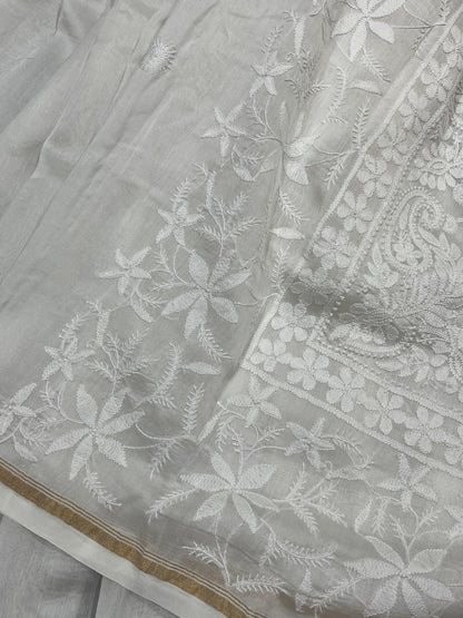 WHITE DYEABLE PURE HANDLOOM  LUCKNOWI EMBROIDERY SAREE