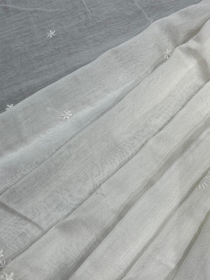 WHITE DYEABLE PURE HANDLOOM  LUCKNOWI EMBROIDERY SAREE