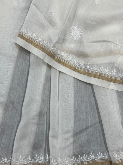 WHITE DYEABLE PURE HANDLOOM  LUCKNOWI EMBROIDERY SAREE