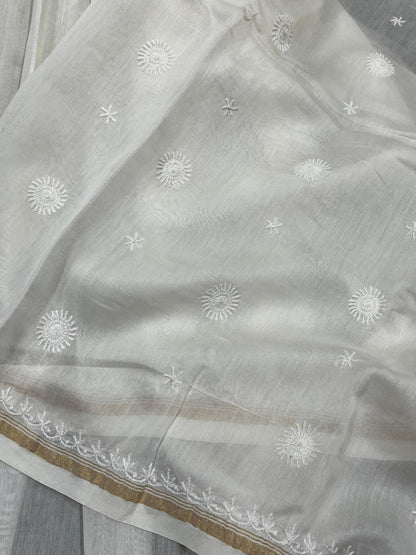 WHITE DYEABLE PURE HANDLOOM  LUCKNOWI EMBROIDERY SAREE