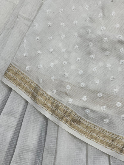 WHITE DYEABLE PURE HANDLOOM  LUCKNOWI EMBROIDERY SAREE