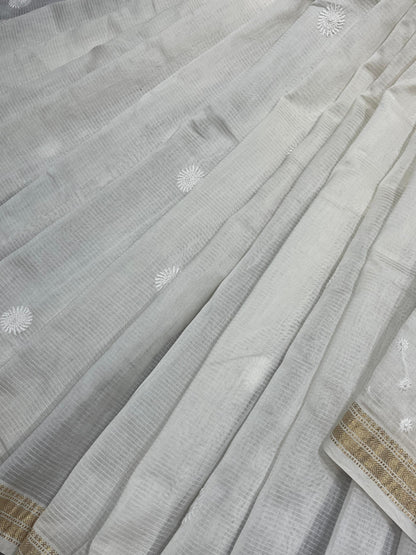 WHITE DYEABLE PURE HANDLOOM  LUCKNOWI EMBROIDERY SAREE