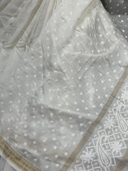 WHITE DYEABLE PURE HANDLOOM  LUCKNOWI EMBROIDERY SAREE