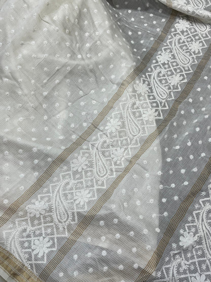 WHITE DYEABLE PURE HANDLOOM  LUCKNOWI EMBROIDERY SAREE