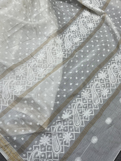 WHITE DYEABLE PURE HANDLOOM  LUCKNOWI EMBROIDERY SAREE