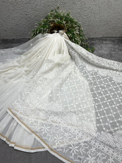 WHITE DYEABLE PURE HANDLOOM  LUCKNOWI EMBROIDERY SAREE