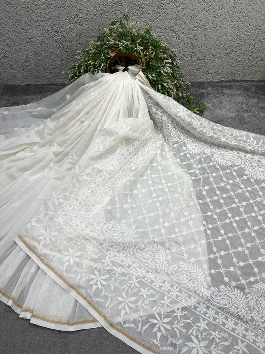 WHITE DYEABLE PURE HANDLOOM  LUCKNOWI EMBROIDERY SAREE