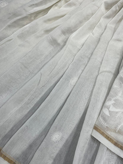 WHITE DYEABLE PURE HANDLOOM  LUCKNOWI EMBROIDERY SAREE