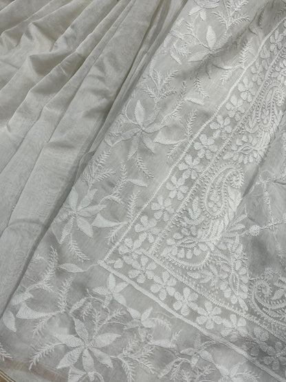 WHITE DYEABLE PURE HANDLOOM  LUCKNOWI EMBROIDERY SAREE