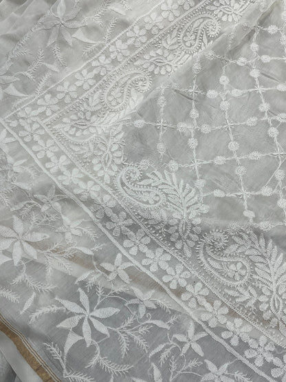 WHITE DYEABLE PURE HANDLOOM  LUCKNOWI EMBROIDERY SAREE