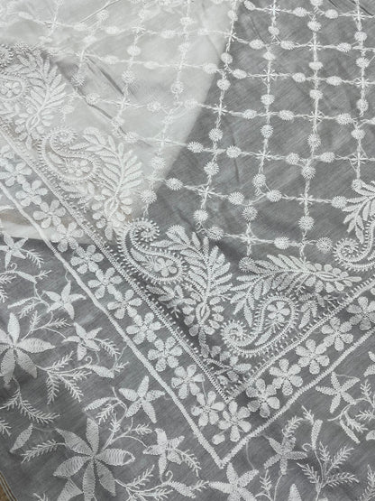 WHITE DYEABLE PURE HANDLOOM  LUCKNOWI EMBROIDERY SAREE