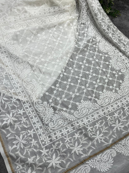 WHITE DYEABLE PURE HANDLOOM  LUCKNOWI EMBROIDERY SAREE