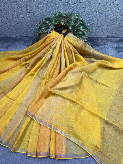 YELLOW PURE HANDLOOM LINEN SAREE
