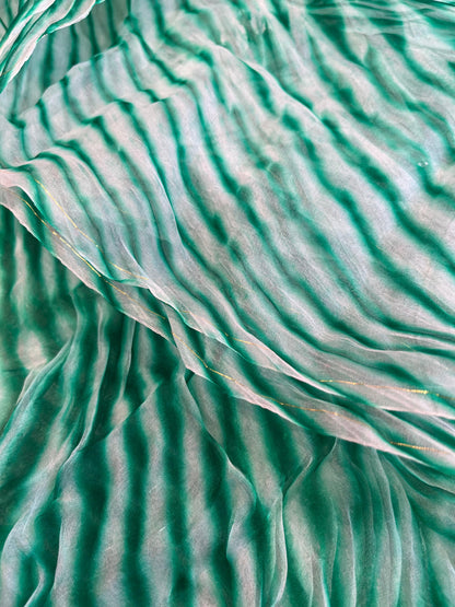 GREEN ORGANZA PURE HANDLOOM LEHERIYA SAREE