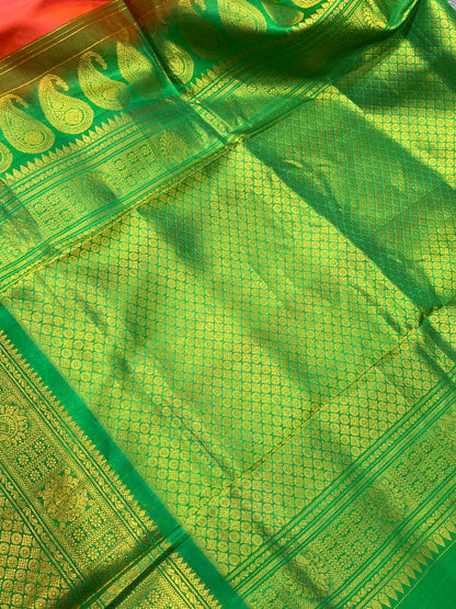 ORANGE SILK PURE HANDLOOM GADWAL SAREE